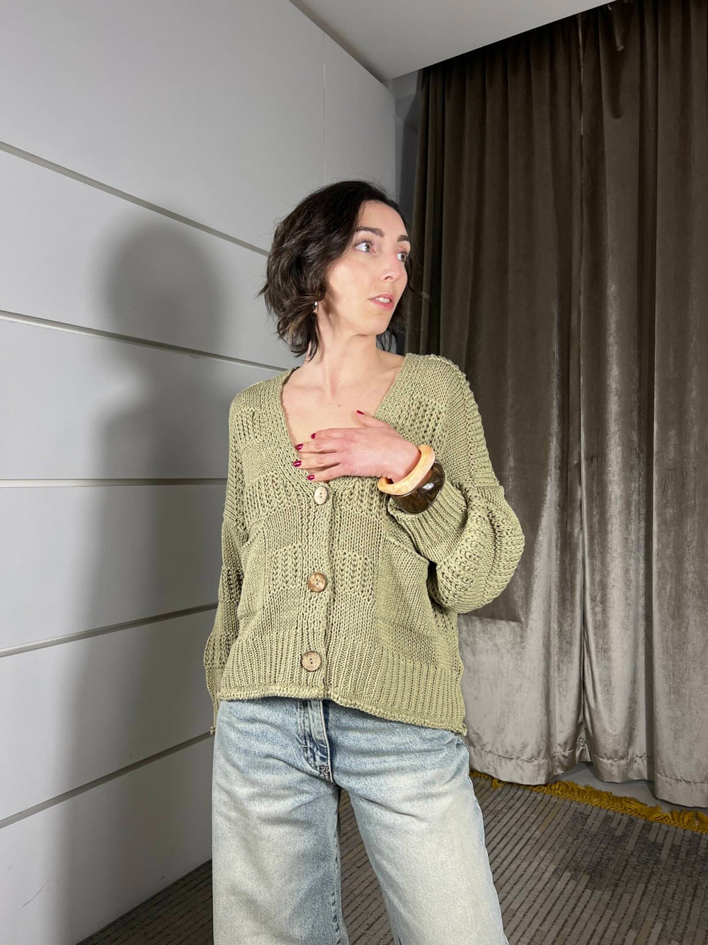 cardigan kaki scollo a v con bottoni e bande rilievo JIT-Q006KAKI HAVE ONE