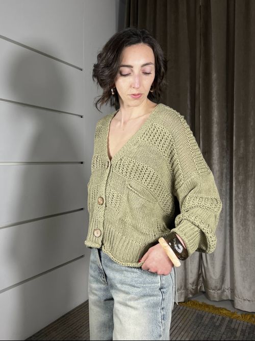 cardigan kaki scollo a v con bottoni e bande rilievo JIT-Q006KAKI HAVE ONE