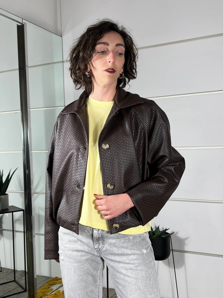 bomber in ecopelle intrecciato con collo a camicia moro KNO-Q056MORO HAVE ONE