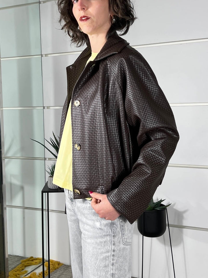 bomber in ecopelle intrecciato con collo a camicia moro KNO-Q056MORO HAVE ONE