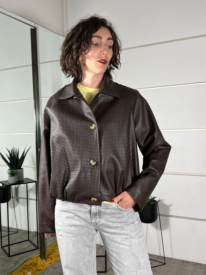 bomber in ecopelle intrecciato con collo a camicia moro KNO-Q056MORO HAVE ONE