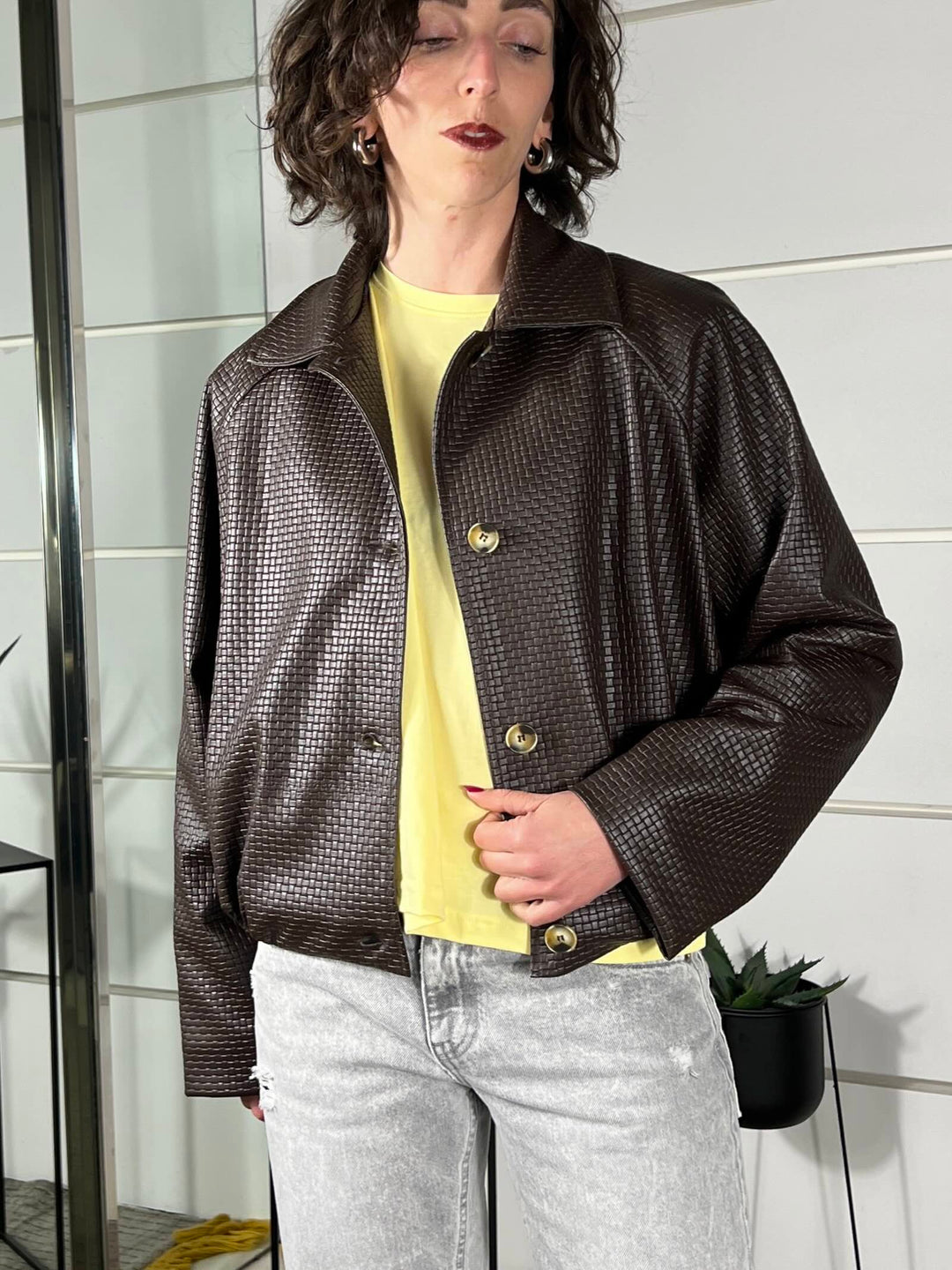 bomber in ecopelle intrecciato con collo a camicia moro KNO-Q056MORO HAVE ONE