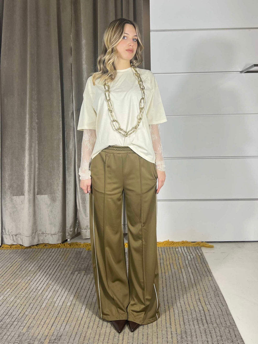 pantalone olio a palazzo con bande PVS-Q166OLIO HAVE ONE
