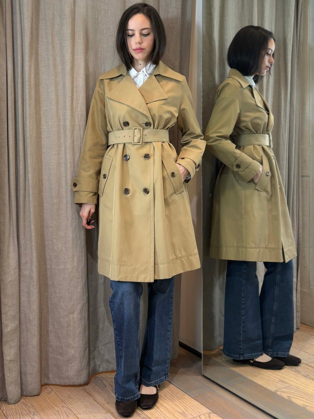 trench dritto doppiopetto con cintura cammello AVIO002 iBLUES