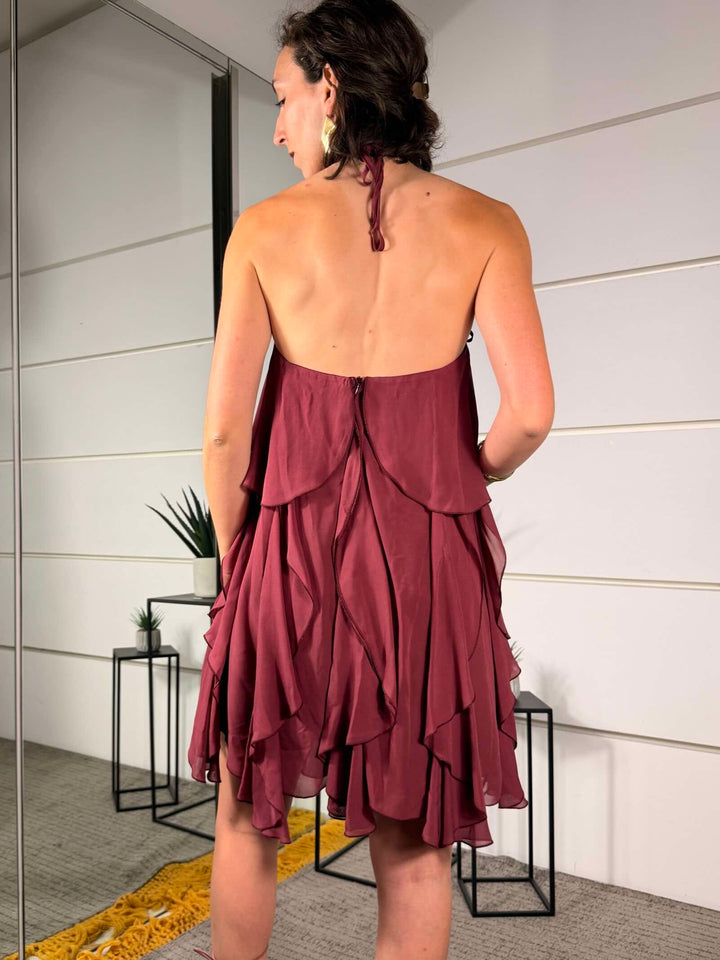 abito corto bordeaux a balze con fiore applicato sullo scollo AGEVLWU1380 IMPERIAL