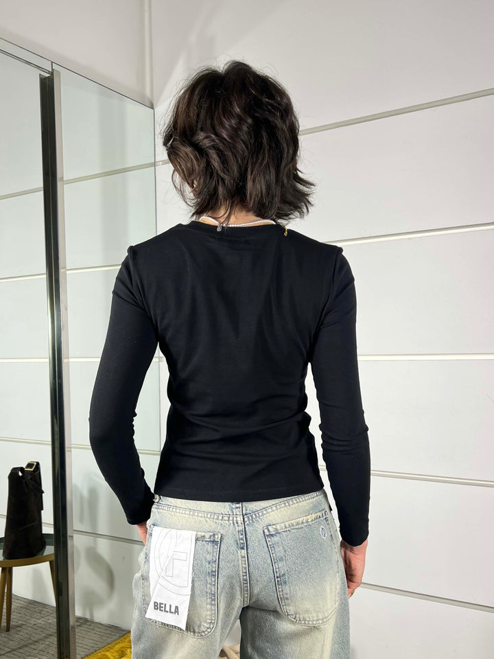 maglia nero girocollo con bottoncini sul davanti LC260027NERO LUMINA
