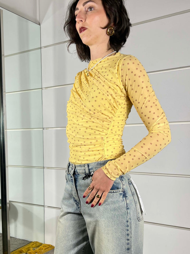 body a pois giallo in tulle con arricciatura sul fianco LD5048GIALLO LUMINA