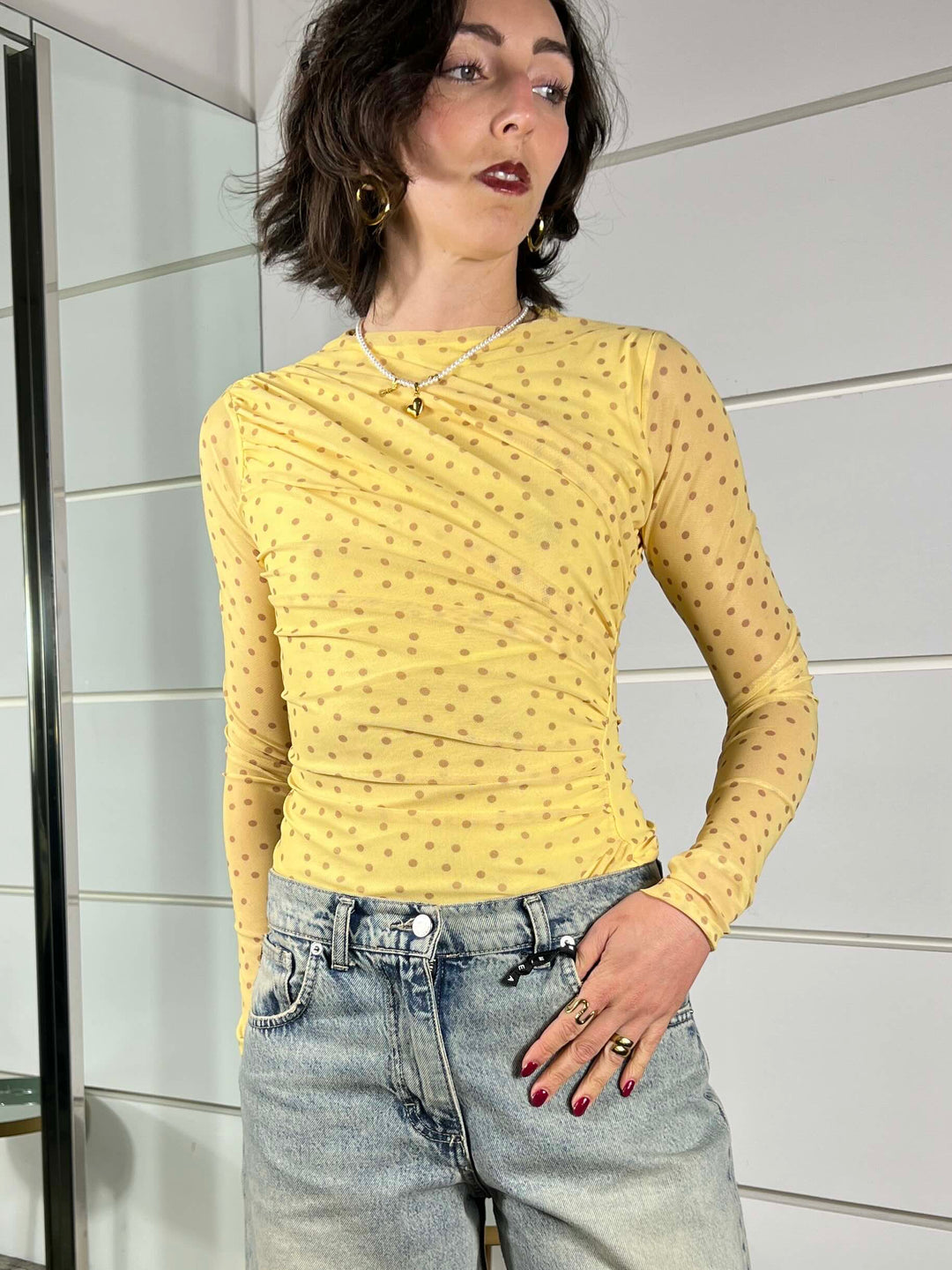 body a pois giallo in tulle con arricciatura sul fianco LD5048GIALLO LUMINA