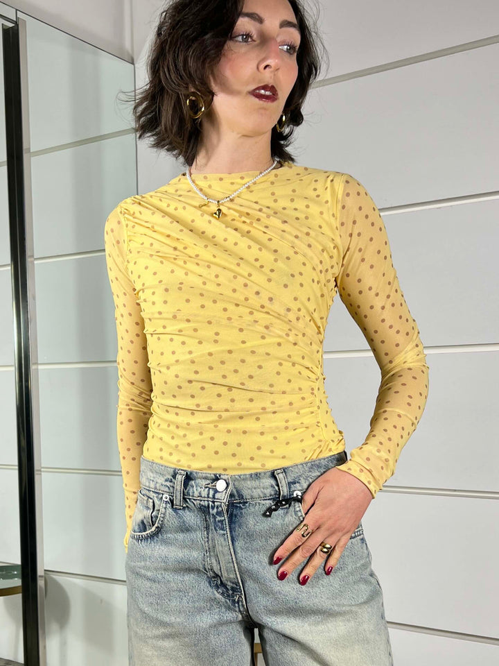 body a pois giallo in tulle con arricciatura sul fianco LD5048GIALLO LUMINA