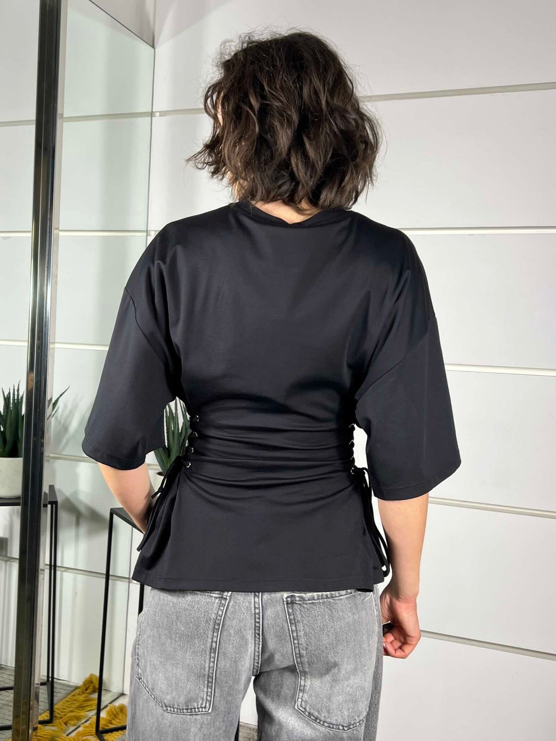 t-shirt spalla scesa con laccetto in entrambi i fianchi effetto corsetto LD5296NERO LUMINA