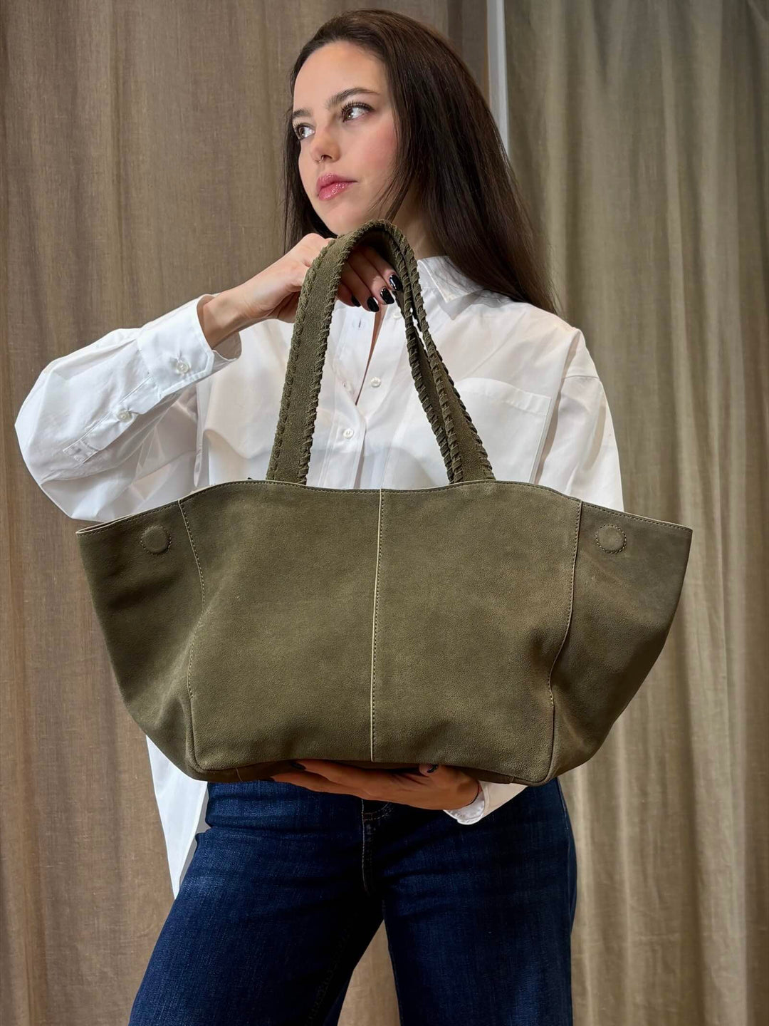 tote bag in pelle scamosciata verde kaki GELADA001 PENNY BLACK