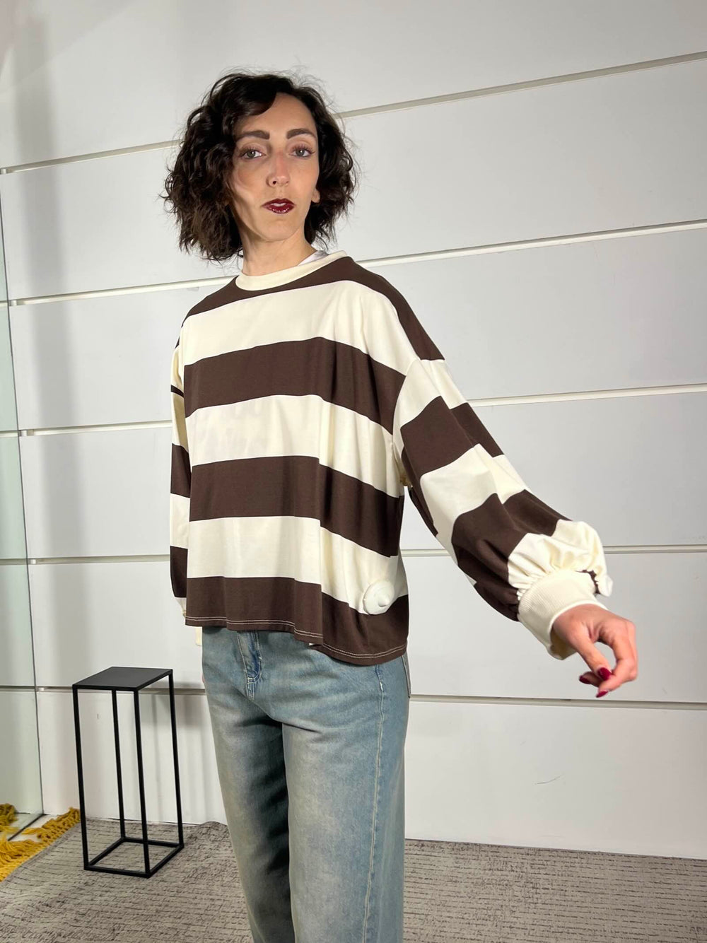 maglia a righe panna cioccolato con manica a baloon D02N0366PANNA/CIOCCOLATO PHILIA LOFT