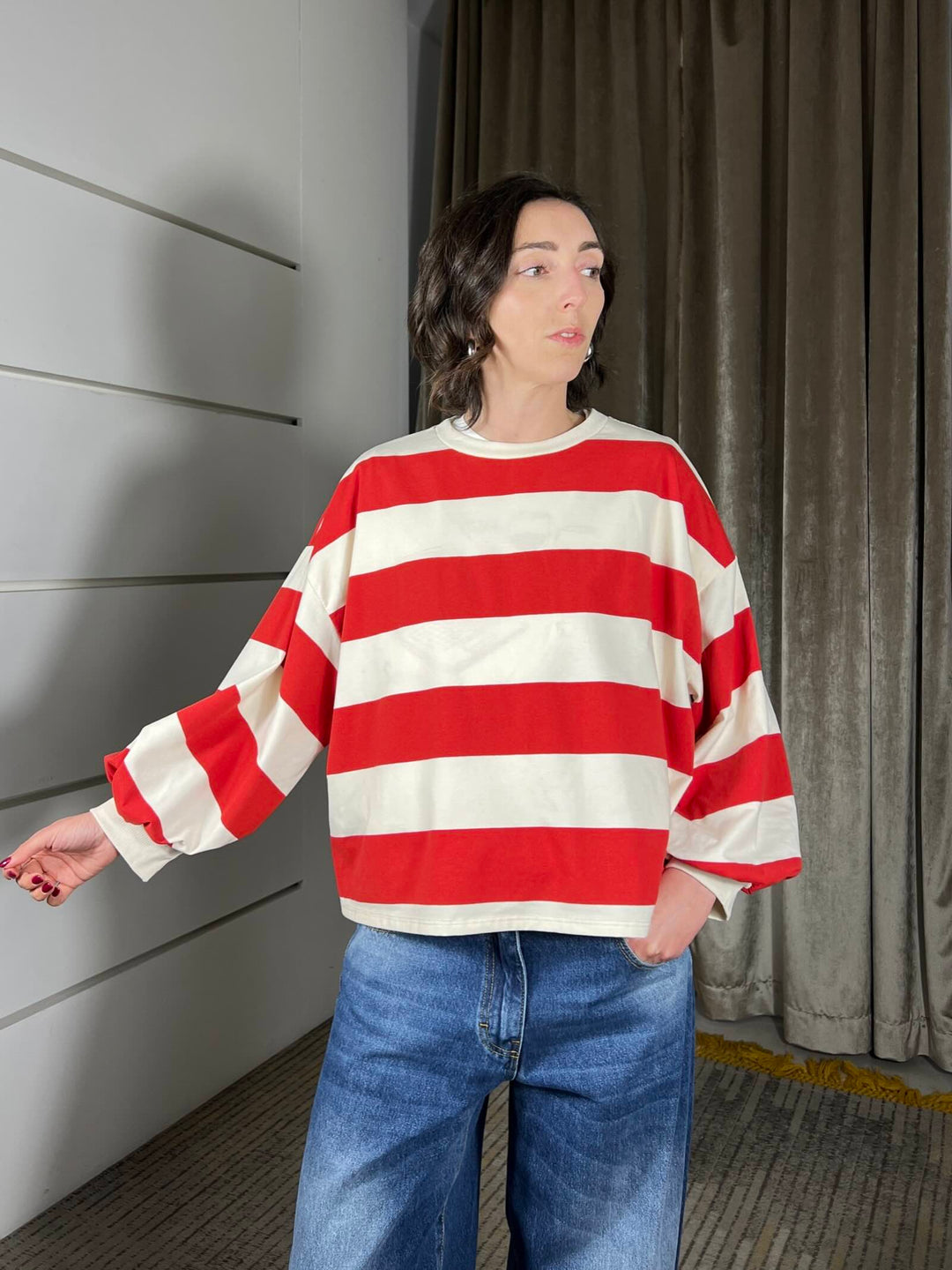 maglia a righe panna/rosso con manica a baloon D02N0366PANNA/ROSSO PHILIA LOFT