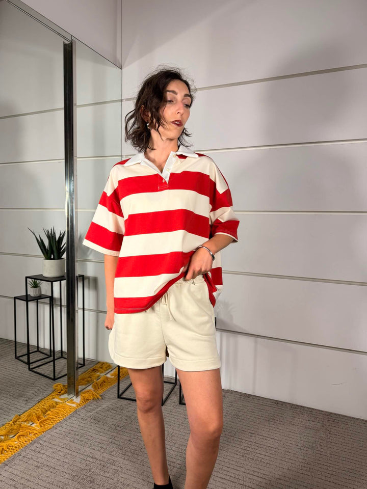 compelto polo a righe burro e rosso e short burro V02F0881BURRO/ROSSO PHILIA LOFT