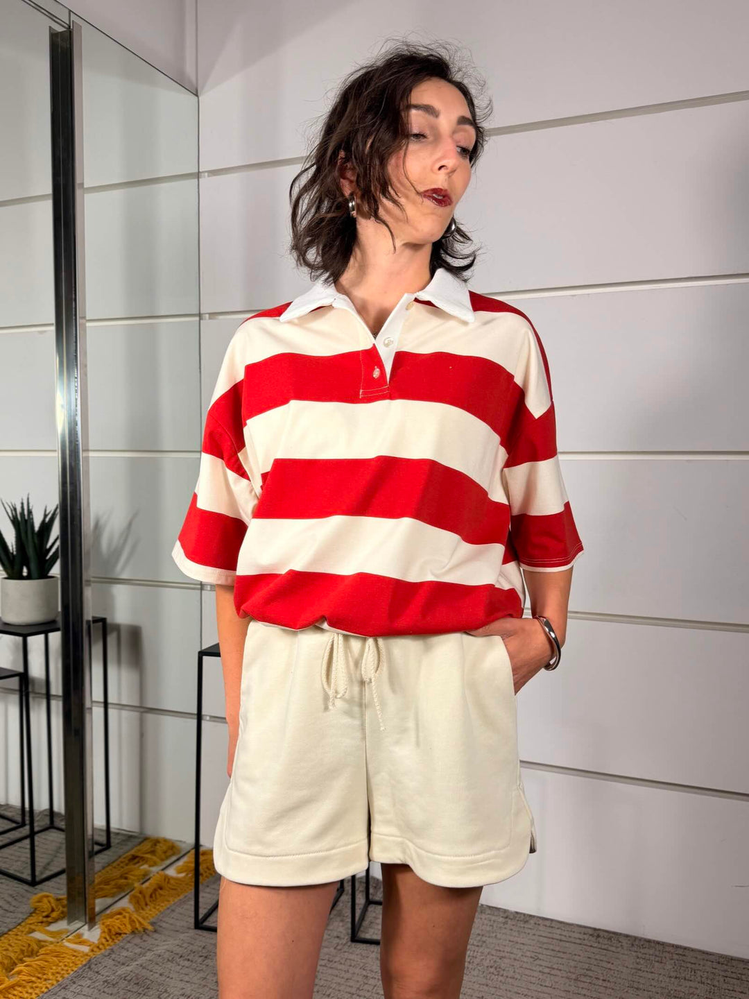 compelto polo a righe burro e rosso e short burro V02F0881BURRO/ROSSO PHILIA LOFT
