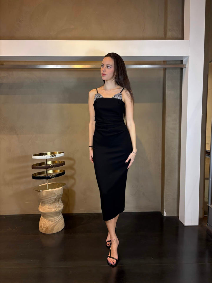 abito midi nero con ricamo gioiello argento CARRUBAZ99 PINKO