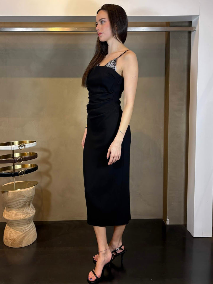 abito midi nero con ricamo gioiello argento CARRUBAZ99 PINKO