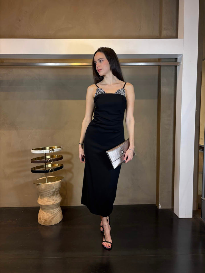 abito midi nero con ricamo gioiello argento CARRUBAZ99 PINKO