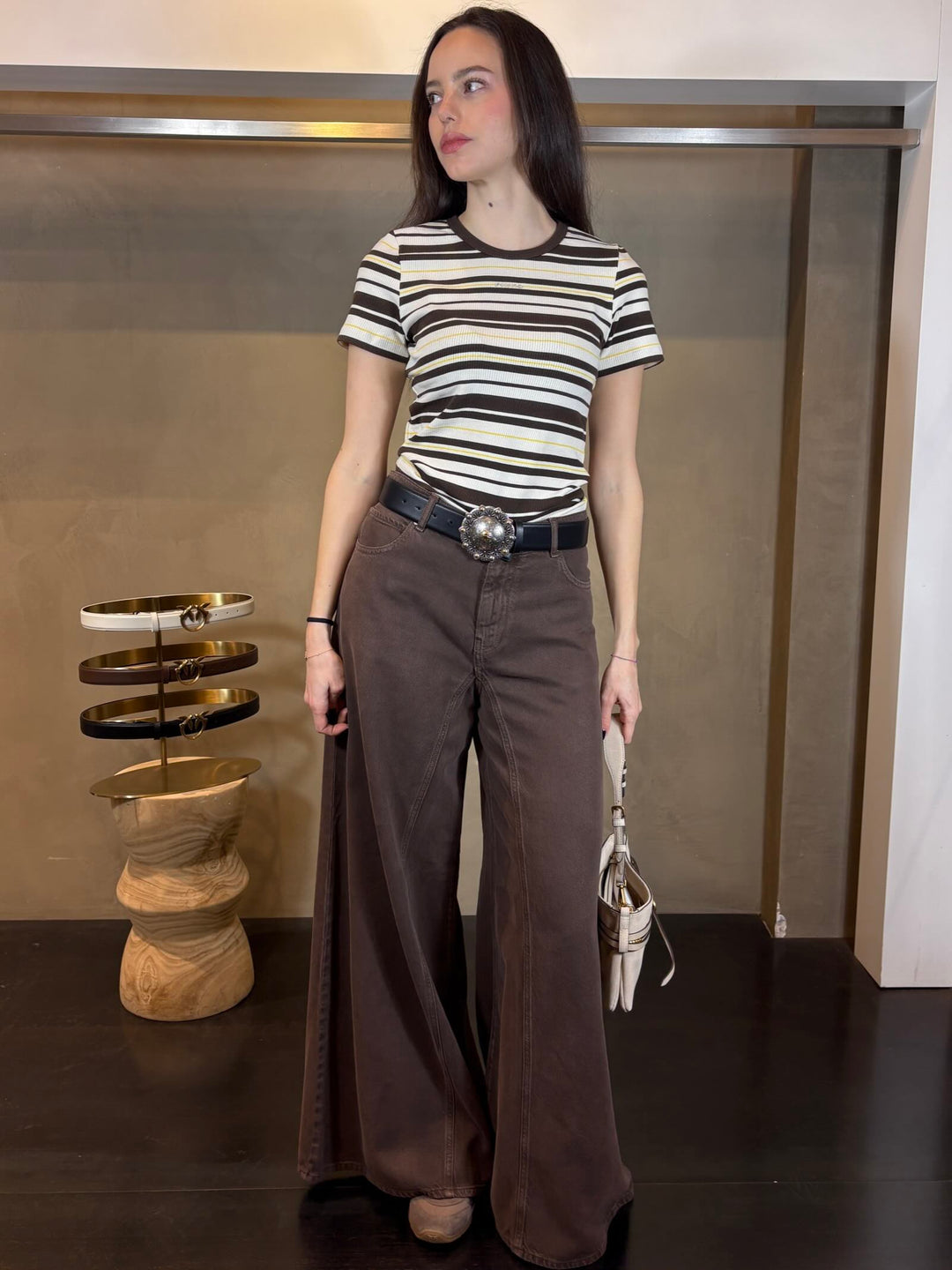 t-shirt a righe aderente panna cioccolato giallo CINZANOMGP PINKO