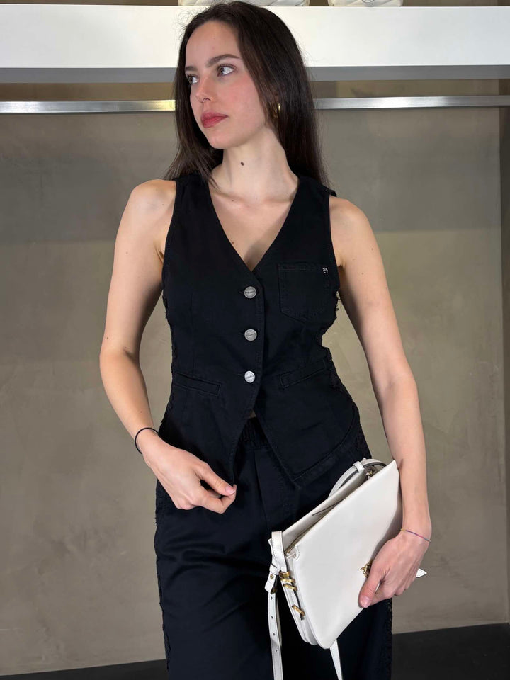 gilet in denim nero con inserti in pizzo GARDENERZ99 PINKO