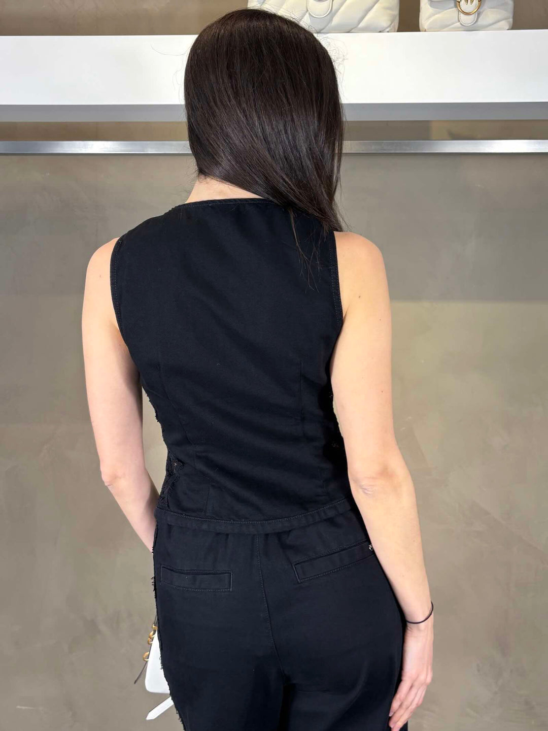 gilet in denim nero con inserti in pizzo GARDENERZ99 PINKO