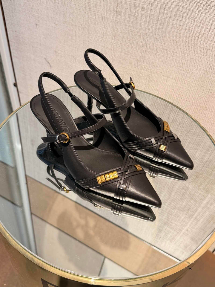 SLINGBACK NERA CON INCROCIO DI CINTURINI CON APPLICAZIONI IN MORBIDA NAPPA 