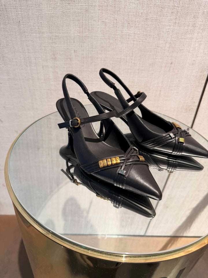SLINGBACK NERA CON INCROCIO DI CINTURINI CON APPLICAZIONI IN MORBIDA NAPPA 