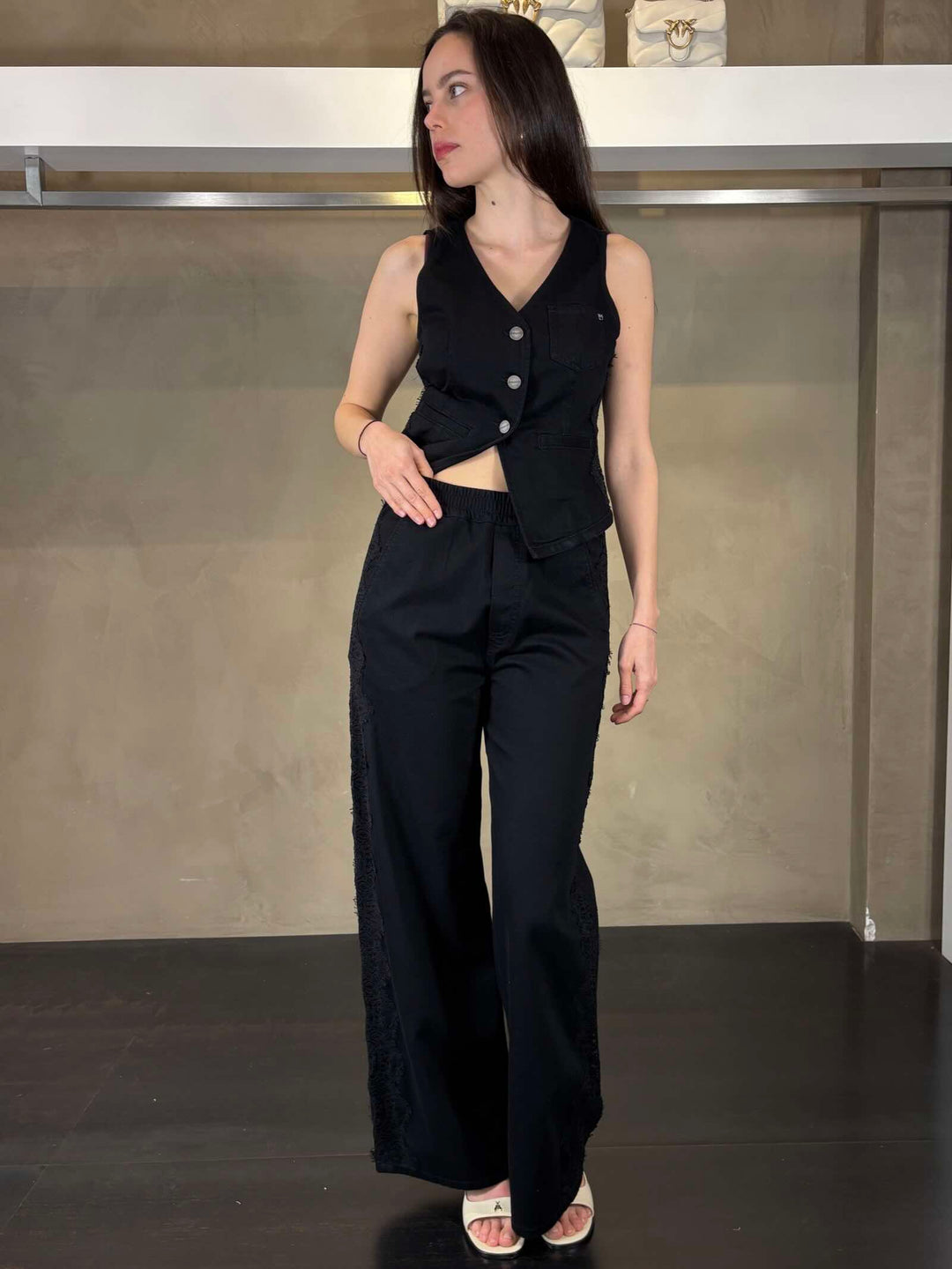 Pantalone denim nero con bande in pizzo PALCOZ99 PINKO