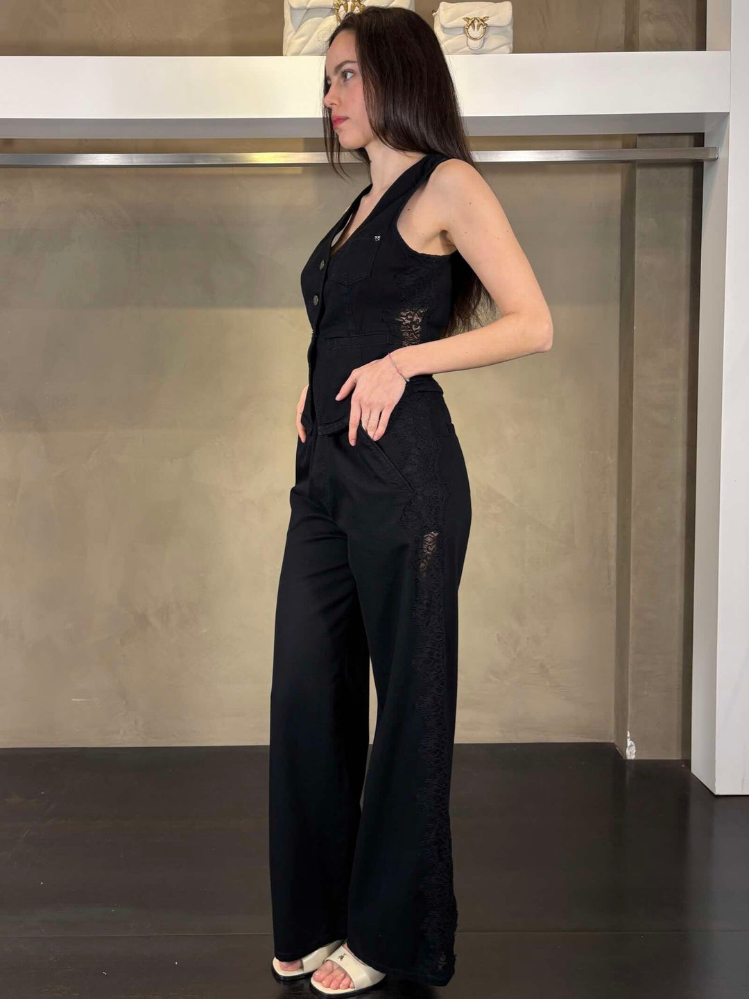 Pantalone denim nero con bande in pizzo PALCOZ99 PINKO