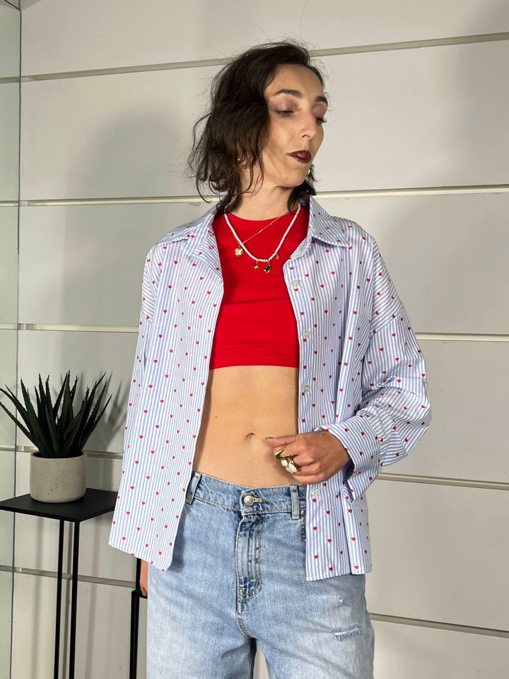 camicia a righe bainca e celeste con cuori rossi 0065CUORI/CELESTE SPICY CAFE