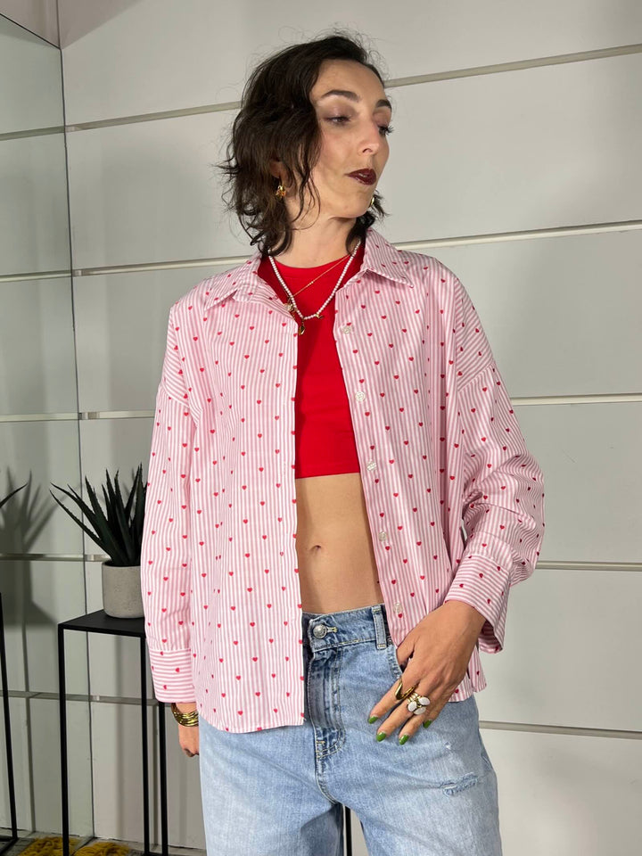 camicia a righe bianca e rosa con cuori rossi 0065CUORI/ROSA SPICY CAFE