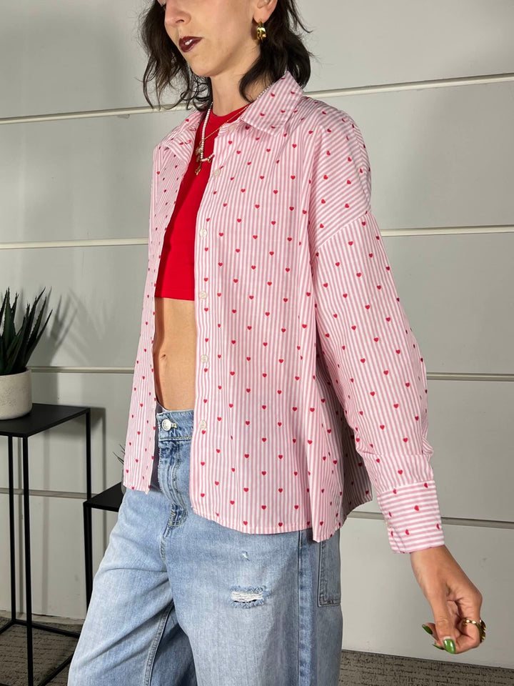 camicia a righe bianca e rosa con cuori rossi 0065CUORI/ROSA SPICY CAFE