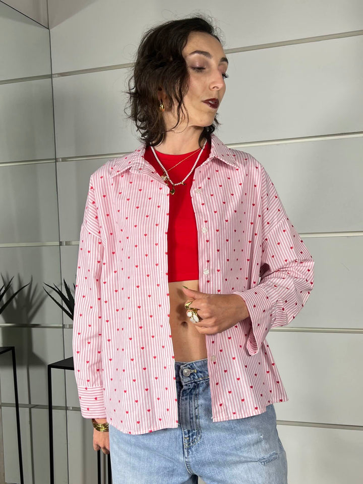 camicia a righe bianca e rosa con cuori rossi 0065CUORI/ROSA SPICY CAFE