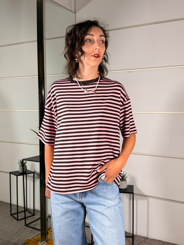 t-shirt a righe girocollo manica corta rosa e marrone 10060ROSA/MARRONE SPICY CAFE