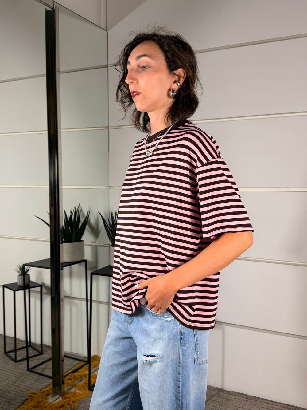 t-shirt a righe girocollo manica corta rosa e marrone 10060ROSA/MARRONE SPICY CAFE