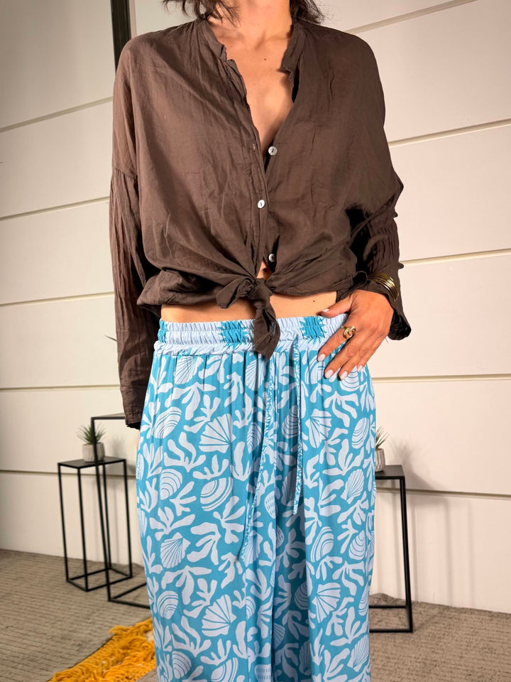 pantalone celeste a fantasia a palazzo 