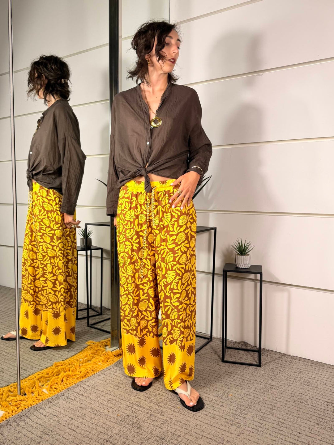 pantalone giallo a fantasia moro a palazzo 26P11990GIALLO SPICY CAFE