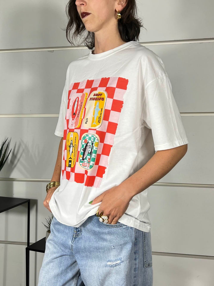t-shirt con stampa sardines colori rosso e giallo 690002SARDINES SPICY CAFE