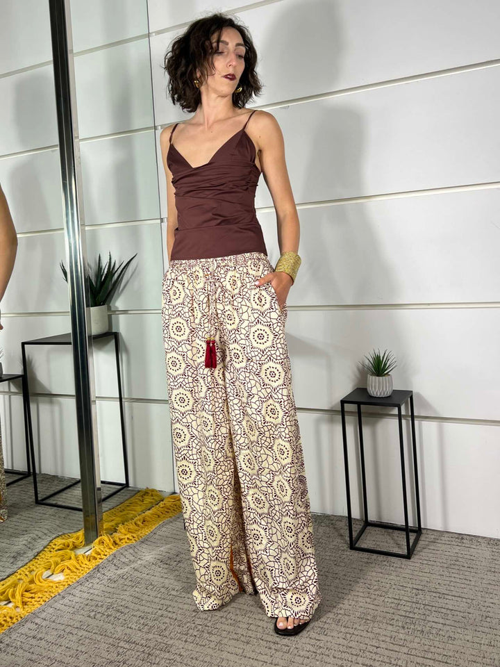pantalone a palazzo fantasia etnica burro viola e arancio in misto seta A002BURRO/VIOLA/ARANCIO SPICY CAFE