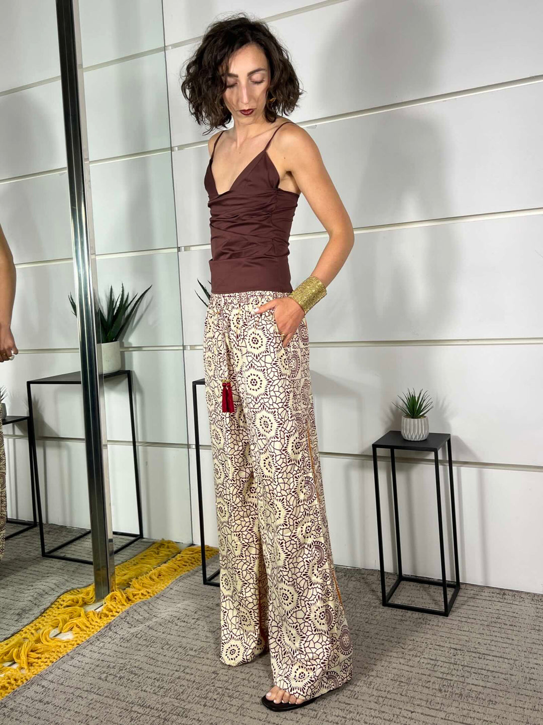 pantalone a palazzo fantasia etnica burro viola e arancio in misto seta A002BURRO/VIOLA/ARANCIO SPICY CAFE