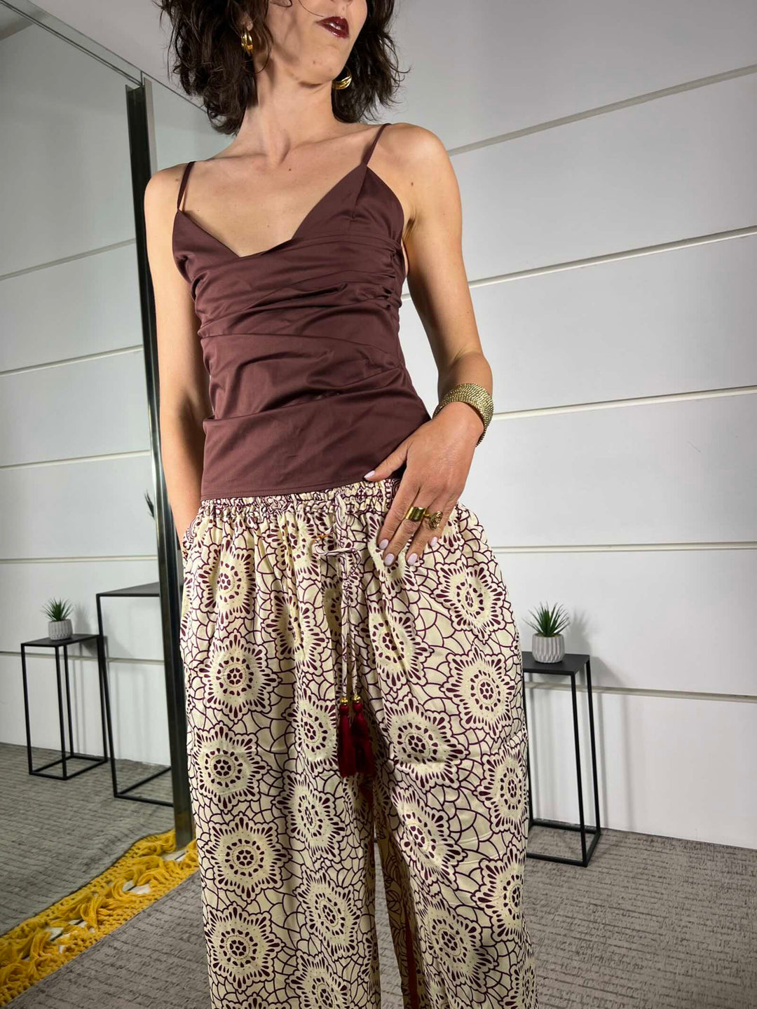 pantalone a palazzo fantasia etnica burro viola e arancio in misto seta A002BURRO/VIOLA/ARANCIO SPICY CAFE