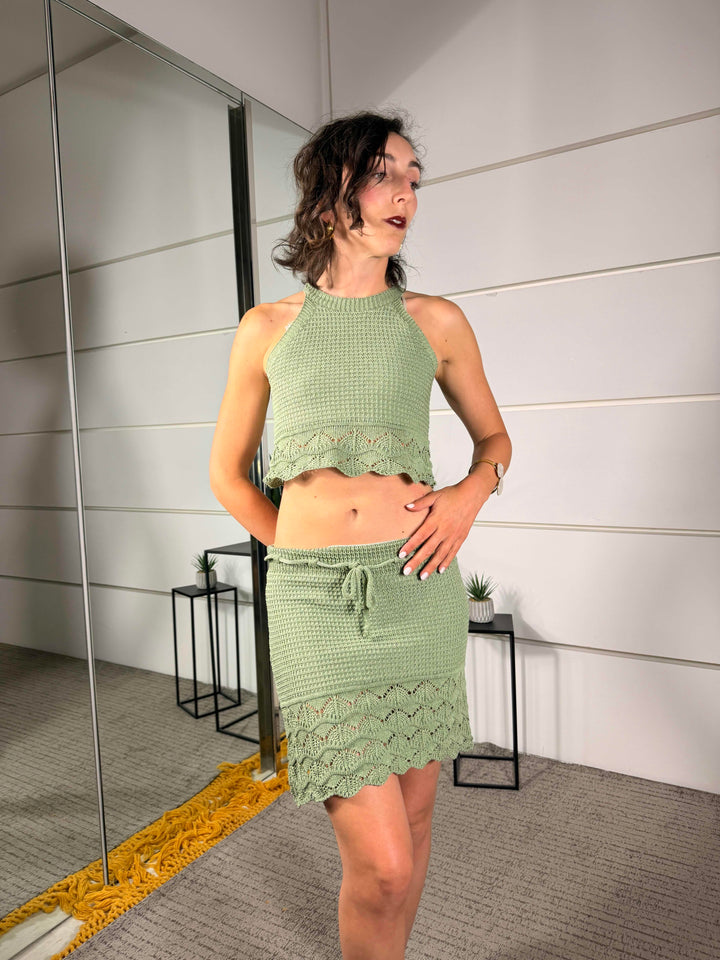 completo crochet top e gonna corta verde A1552VERDE SPICY CAFE
