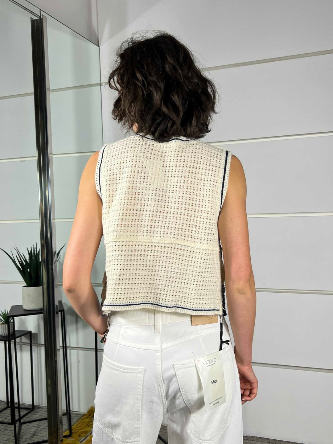 gilet con fiori ricamati e bottoncini colore panna e blu ZS68034PANNA/BLU SPICY CAFE