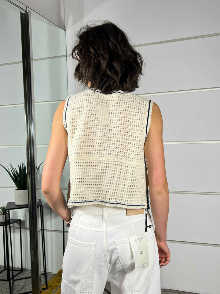 gilet con fiori ricamati e bottoncini colore panna e blu ZS68034PANNA/BLU SPICY CAFE