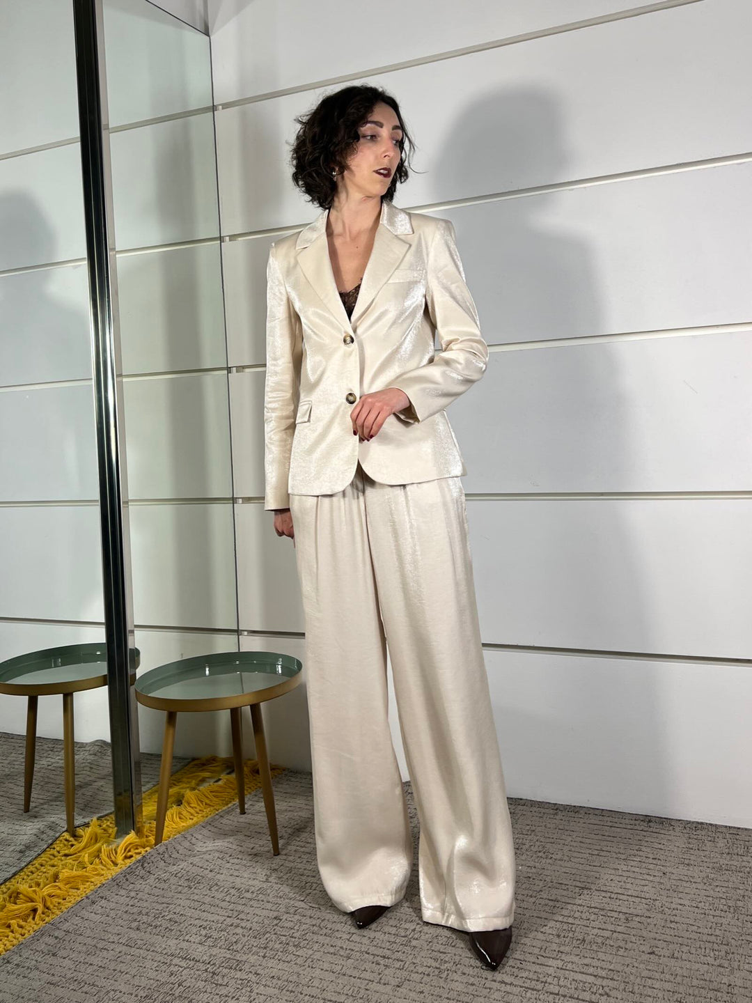 completo laminato giacca e pantalone a palazzo 101551AVORIO SUSY MIX