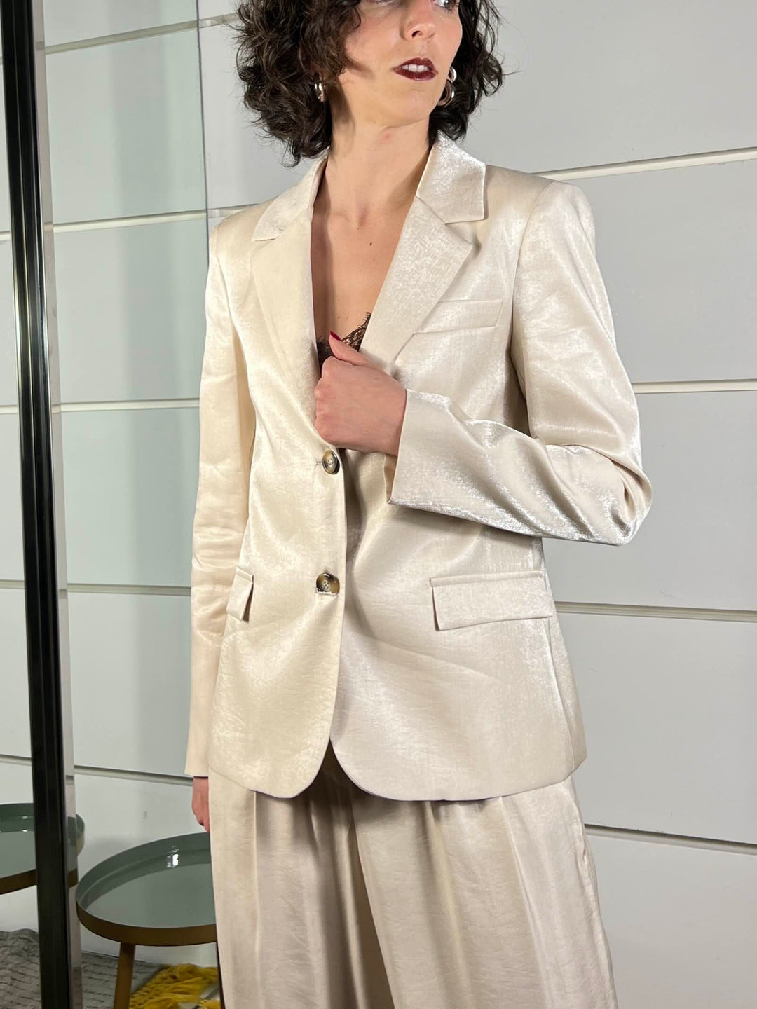 completo laminato giacca e pantalone a palazzo 101551AVORIO SUSY MIX