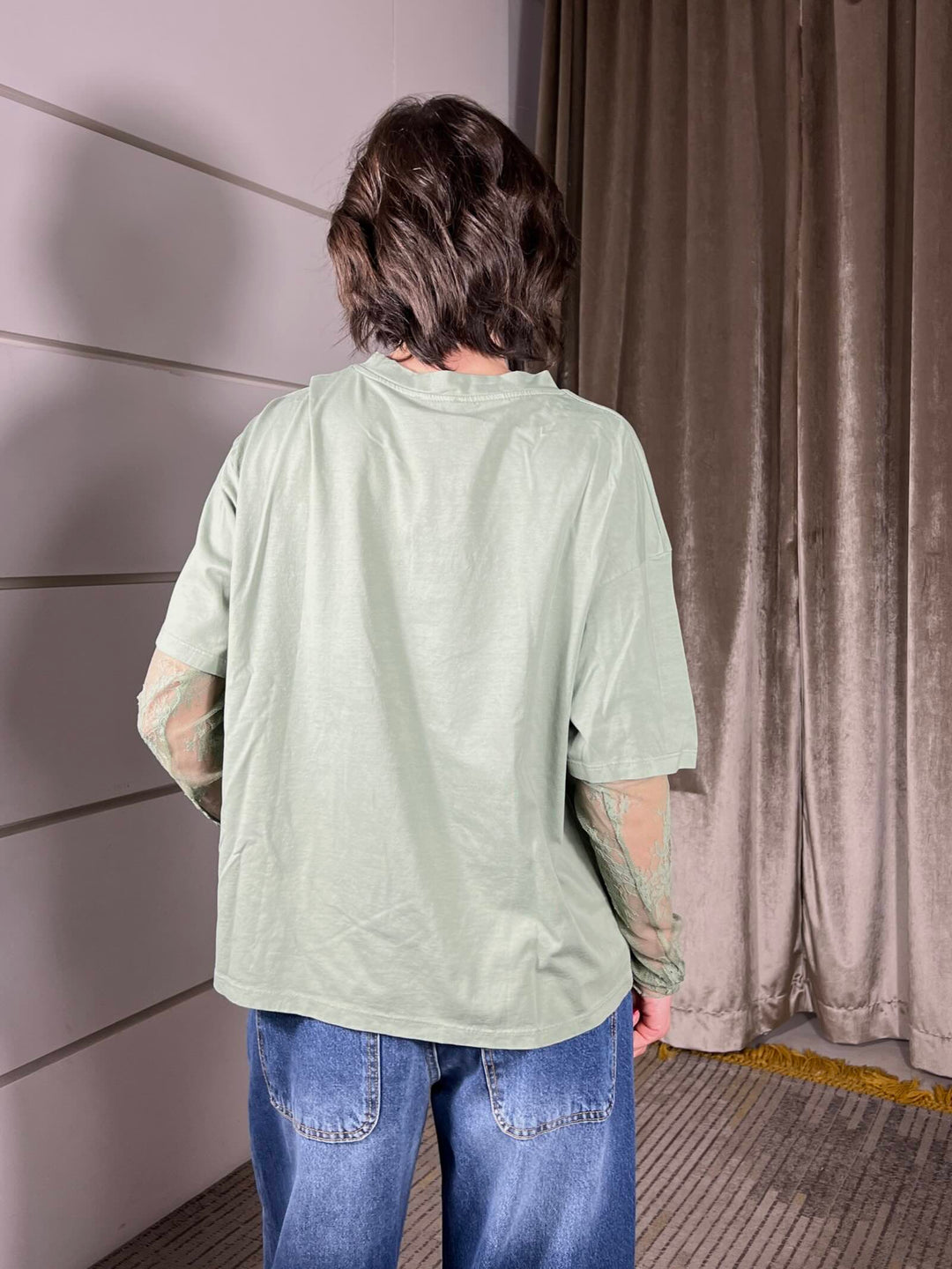 t-shirt  manica corta con manica in pizzo verde salvia 11073VERDE SALVIA SUSY MIX