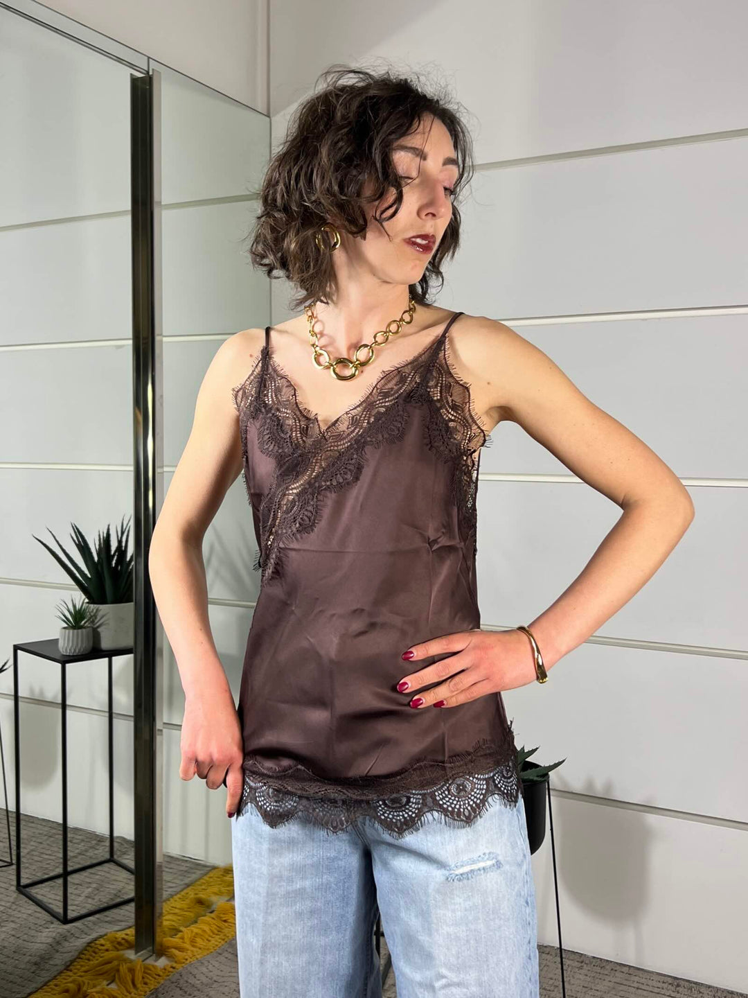 top satin con pizzo in viscosa moro 12013MORO SUSY MIX