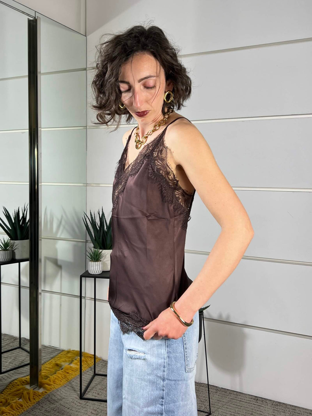 top satin con pizzo in viscosa moro 12013MORO SUSY MIX