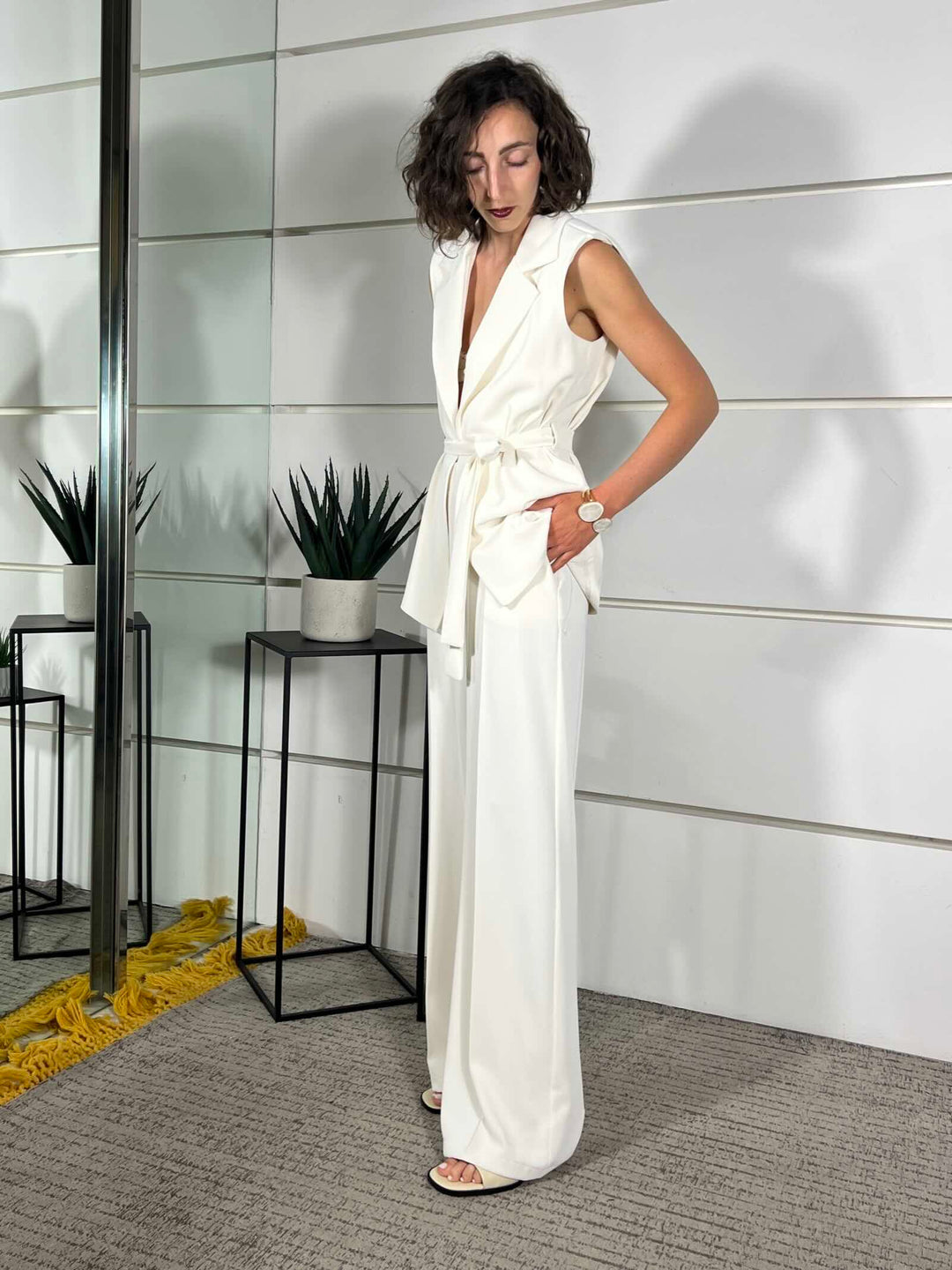 completo gilet con cinta e pantalone a palazzo con elastico nel retro 96%pl 4%ea 30401BURRO SUSY MIX